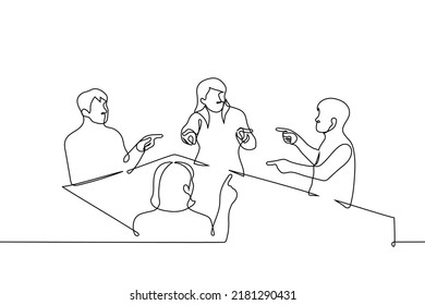 Group Of People Sit At A Table And Point Fingers At Each Other - One Line Drawing Vector. Concept Group Of Friends Play A Game (mafia), Business Partners Or Colleagues Blame Each Other For Mistakes