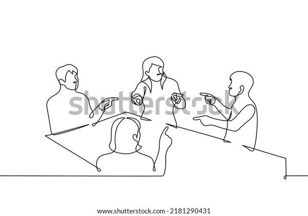 group of people sit at a table and point fingers\
at each other - one line drawing vector. concept group of friends\
play a game (mafia), business partners or colleagues blame each\
other for mistakes