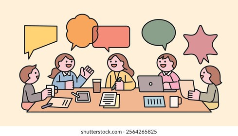 A group of people sit at a table, share ideas, and work as a team. Cuttiny character with outline.