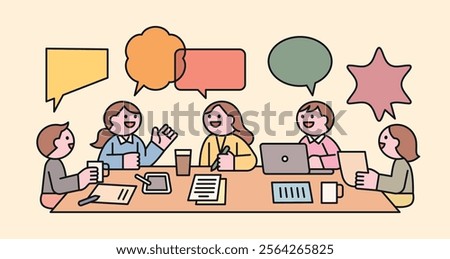 A group of people sit at a table, share ideas, and work as a team. Cuttiny character with outline.