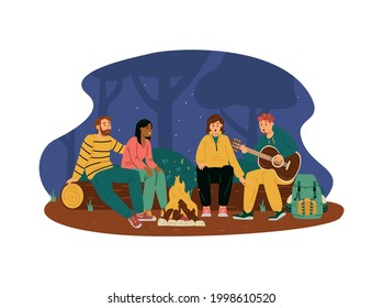 Group of people sits by the fire and sings to the guitar. Summer night at forest camping and weekends rest banner, flat vector illustration isolated on white background.