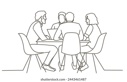 A group of people are sitting around a table. Scene is collaborative and focused, as the group is working together on a project. Hand drawn vector illustration. Black and white.