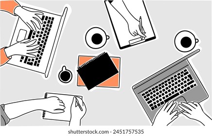 A group of people are sitting around a table with laptops and notebooks. They are working together on a project. Teamwork concept. Hand drawn vector illustration isolated on white background.