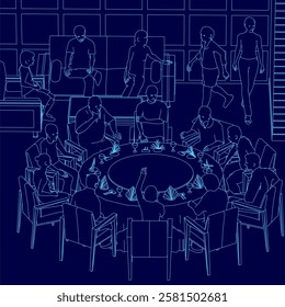 A group of people are sitting around a table with a blue background. The people are all dressed in business attire and are eating food. Scene is that of a formal dinner party or business meeting