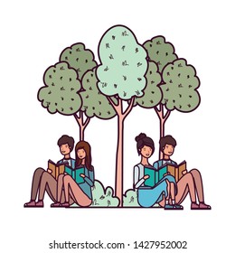 group of people sitting with book in landscape