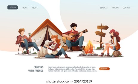 Group of people sitting by campfire in the camp. Summertime camping, traveling, trip, hiking, camper, nature, journey concept. Vector illustration for poster, banner, website.