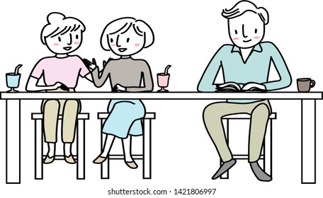 Group of people sitting at cafe, reading book and hanging out with friend. Woman hanging out with girlfriend at cafe. Man sitting alone, reading book at counter table. People drinking coffee at cafe.