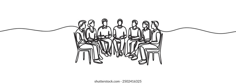 group of people sitting in a circle for a discussion or meeting drawn by one line. Vector illustration