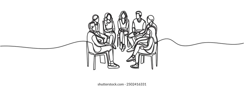 grupo de personas sentadas en un círculo para una discusión o reunión dibujada por una línea. Ilustración vectorial