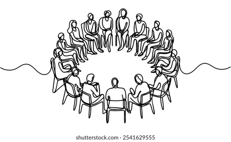 grupo de pessoas sentadas em círculo para uma discussão ou reunião desenhado por uma linha. Ilustração vetorial