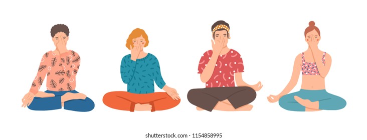 Group of people sitting cross-legged on floor and performing yoga breathing exercise. Young men and women practicing Pranayama and meditating. Colorful vector illustration in flat cartoon style