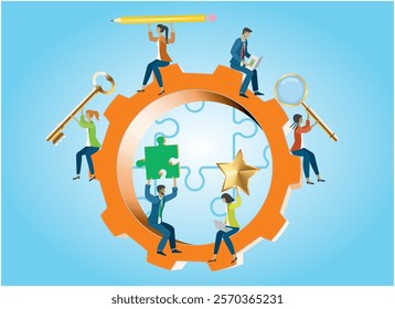 Group of people sitting in gearwheel. They are having different skills. Vector illustration.