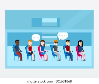 A group of people sitting inside a room vector design