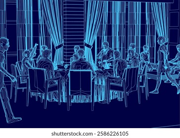 A group of people are sitting at a long table in a restaurant. Scene is that of a formal dinner party