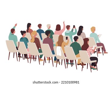 Group of people sitting. Men and women on white chairs. Crowd in cinema or at master class, audience and spectators. Public speaking, lecture and musical show. Cartoon flat vector illustration