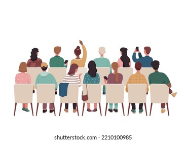 Group of people sitting. Men and women with smartphones on white chairs. Characters in cinema, concert or public speaking, master class. Outdoor leisure and rest. Cartoon flat vector illustration