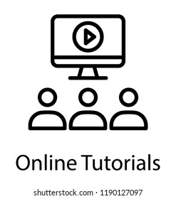 Group of people sitting next to screen with play sign, online tutorials icon