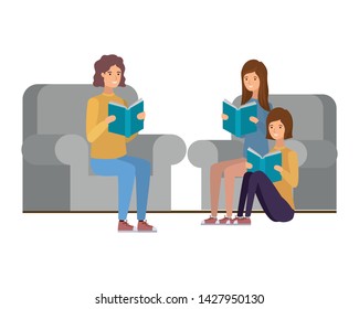 group of people sitting on chair with book in hands
