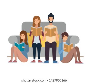 group of people sitting on chair with book in hands