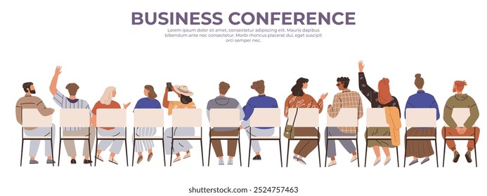 Un grupo de personas sentadas en sillas vistas desde atrás, con diversos atuendos y gestos, bajo la leyenda Business Conference. Ideal para reuniones de negocios, trabajo en equipo, reuniones profesionales