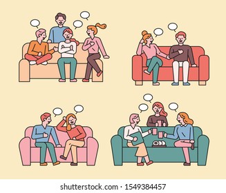 Group of people sitting on the couch and having a comfortable conversation. flat design style minimal vector illustration.