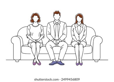 A group of people sitting on a couch in an office Hand drawn offset fill with doodle illustration