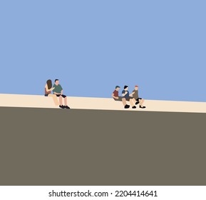 Group of people sitting on the edge of a pier. Friends having fun and enjoying a summer day at the lake.