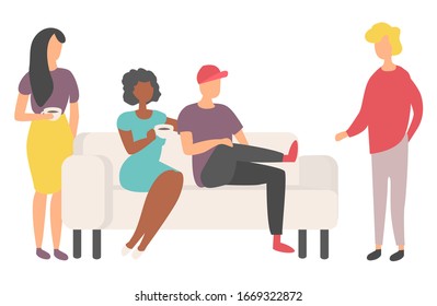 Group of people sitting on sofa, man and woman holding cup with drink, portrait view of friends characters in casual clothes indoor, meeting vector