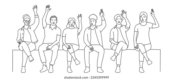 Grupo de personas sentadas con las manos levantadas. Ilustración vectorial dibujada a mano. Blanco y negro.