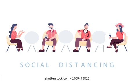 Group of people sitting separate physical distancing. Social distancing new normal. Covid-19 coronavirus pandemic outbreak banner. Health care and medical vector.