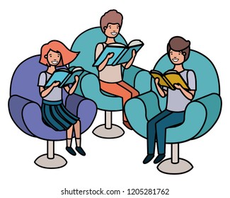 group of people sitting in sofa with book avatar character