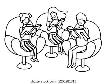 group of people sitting in sofa with book avatar character
