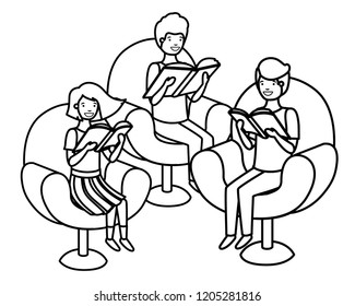 group of people sitting in sofa with book avatar character