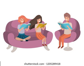 group of people sitting in sofa with book avatar character