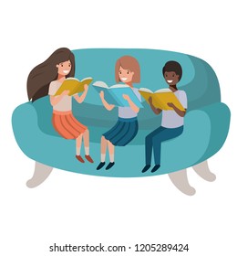 group of people sitting in sofa with book avatar character
