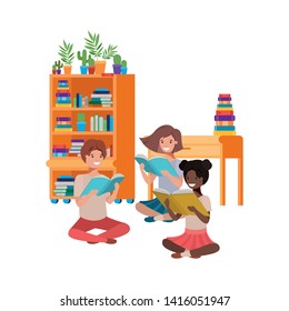 group of people sitting with stack of books