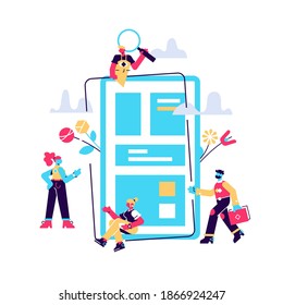 A group of people sitting, standing and walking near by a smartphone. Social media life. Digital space. Millennial users. Flat editable vector illustration, clip art