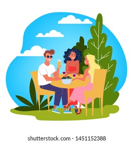 Group of people sitting at the table and chatting. Street cafe in the city. Social conversation. Isolated vector illustration in cartoon style