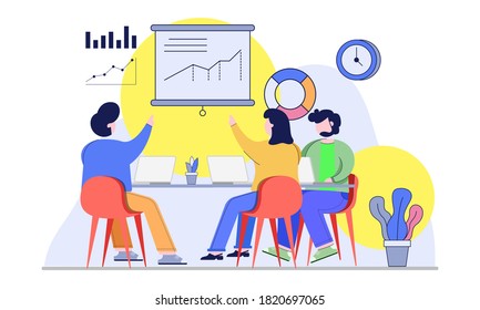 Grupo de personas sentadas en la mesa y discutirlo para analizar datos, intercambiar información y resolver problemas.Concepto de trabajo en equipo diseño plano