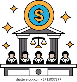 A group of people are sitting at a table with a dollar sign in the middle. Concept of a court or a meeting place where people gather to discuss important matters