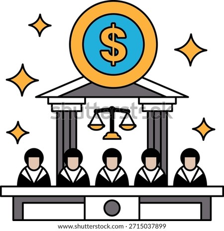 A group of people are sitting at a table with a dollar sign in the middle. Concept of a court or a meeting place where people gather to discuss important matters