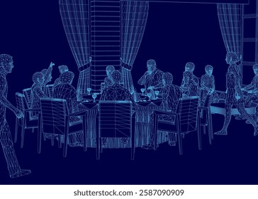 A group of people are sitting at a table in a restaurant. Scene is social and relaxed