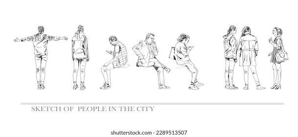 Group of people sitting and talking in the city. Sketch. Collection of silhouettes for your project. 