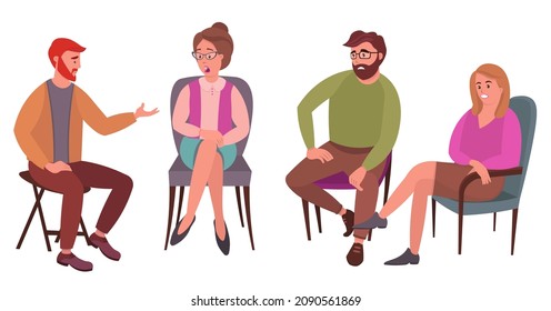 Group of people are sitting together on chairs and talking. The psychologist is asking questions. Conversation between persons and male psychologist or psychotherapist. Family psychotherapy