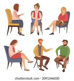 Group of people are sitting together on chairs and talking. The psychologist is asking questions. Conversation between persons and male psychologist or psychotherapist. Family psychotherapy