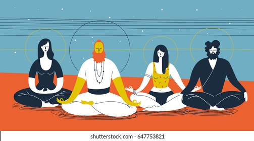 Group of people sitting in yoga posture and meditating against abstract blue and orange background with horizontal lines and circles. Concept of collective spiritual practice. Vector illustration.