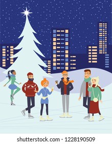 Group of people skaiting on winter ice rink in the city centre