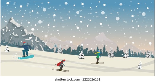 A group of people ski in the mountains. Skiers in the mountains. Sunny winter landscape. Vector illustration. Cute characters.