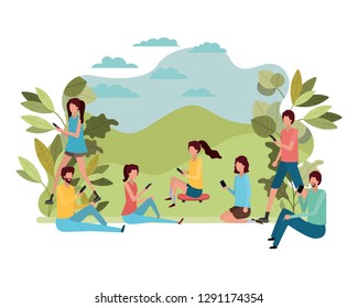 group of people with smartphone in landscape character