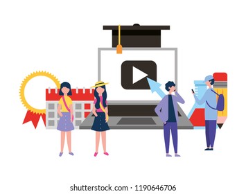 group people with smartphone laptop learning online
